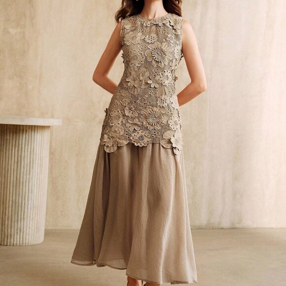 Dresses & Skirts - Khaki Elegant Women's Holiday Hollow Flower Patchwork Chiffon Dress